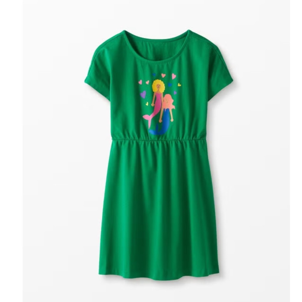 Hanna Andersson Girls Green Mermaid Heart Cotton‎ Knit Empire Waist Dress US 5